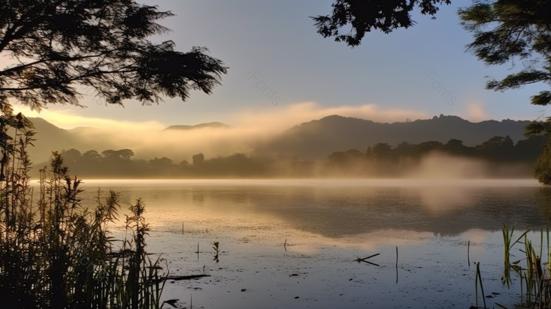 黄绿傍晚舒适色公园一角水雾自然风景背景,高清,摄影图,摄影图片,图片大全,摄影图免费下载
